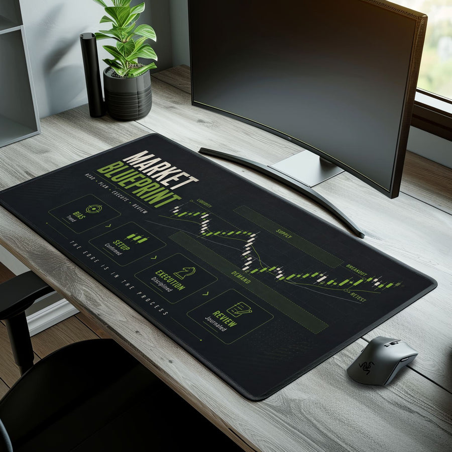 Desk setup with a large mouse pad featuring 'Market Blueprint' design, monitor, and mouse.