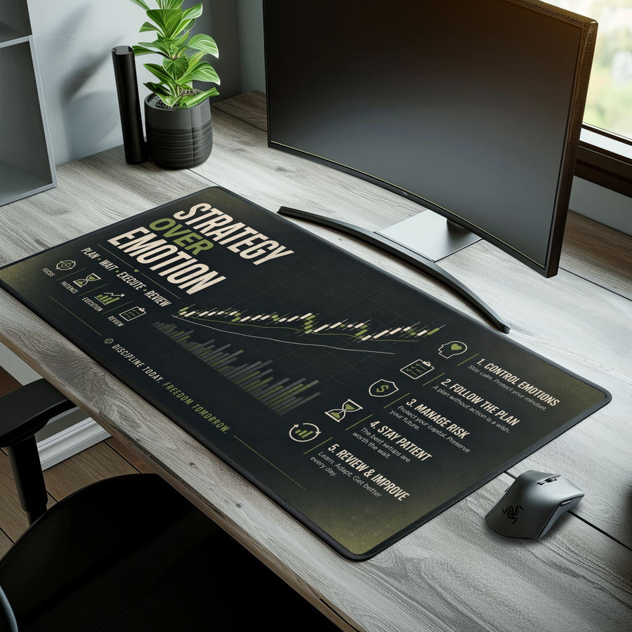 Strategy Over Emotion 32x16 trader desk pad setup