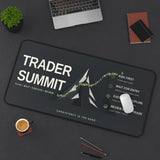 Desk setup with a large mouse pad featuring 'Trader Summit' branding and design elements.