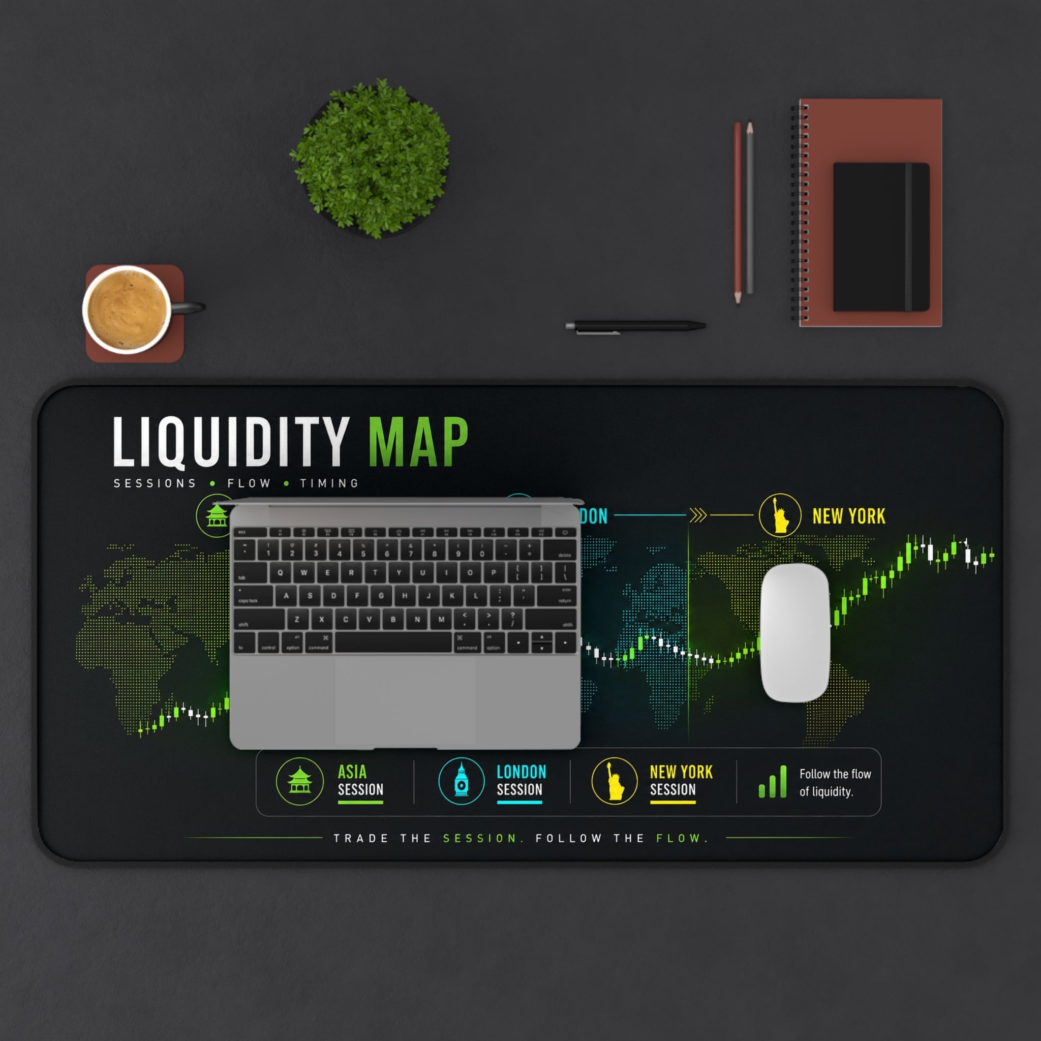 32 x 16 trading desk mat with keyboard and mouse on professional workstation