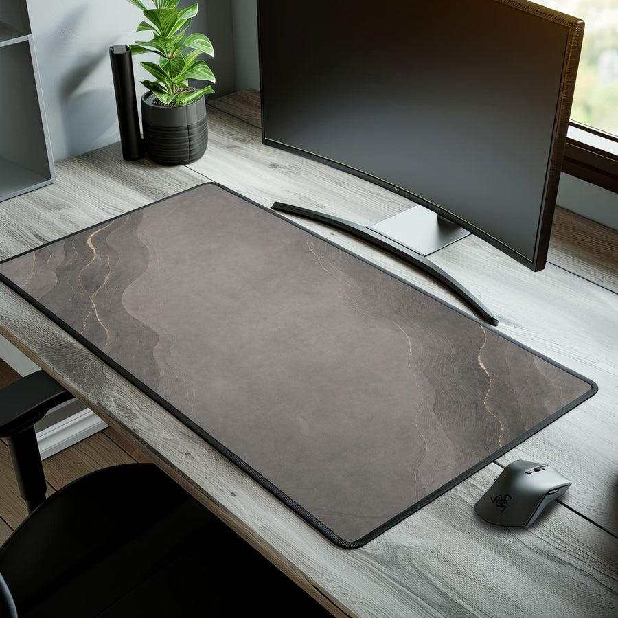 Graphite Contour 32 x 16 office desk mat with soft graphite and bronze topographic design
