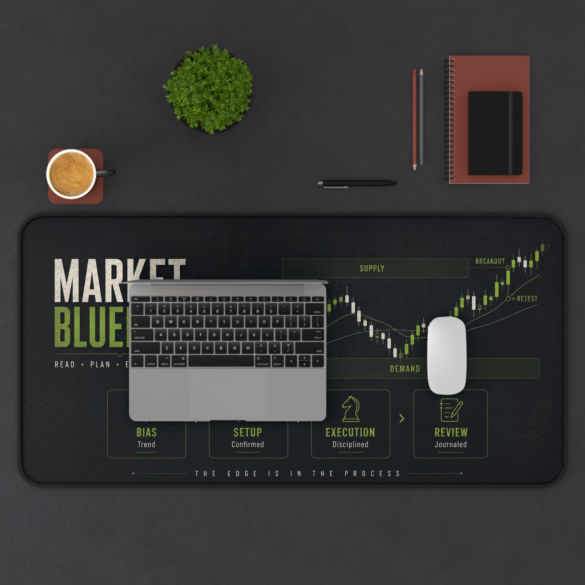 32 x 16 trading desk mat with laptop, mouse, and office accessories