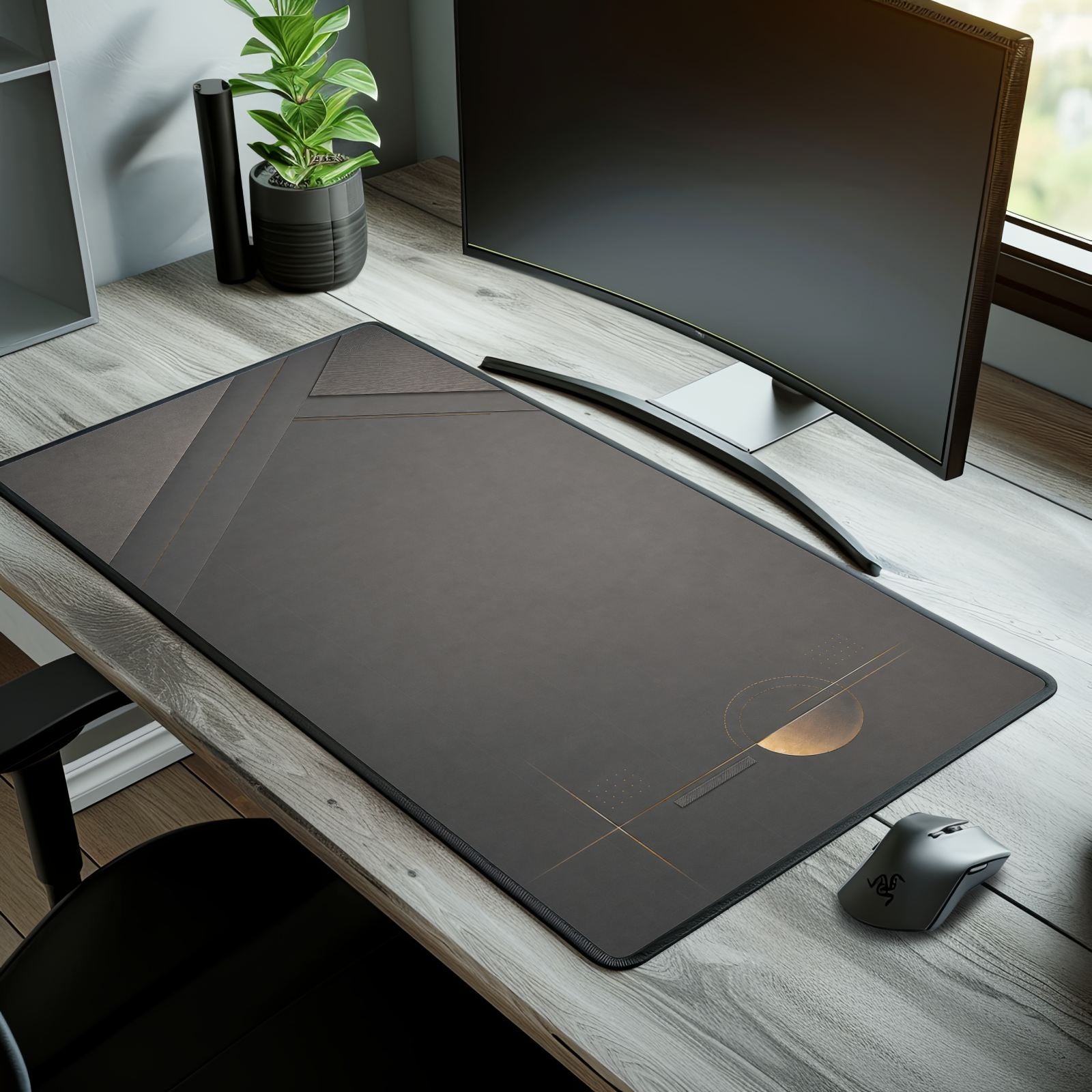 Lunar Grid 32 x 16 office desk mat with minimalist graphite and bronze design