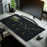 Desk setup with a large mouse pad featuring 'Market Blueprint' design, monitor, and mouse.