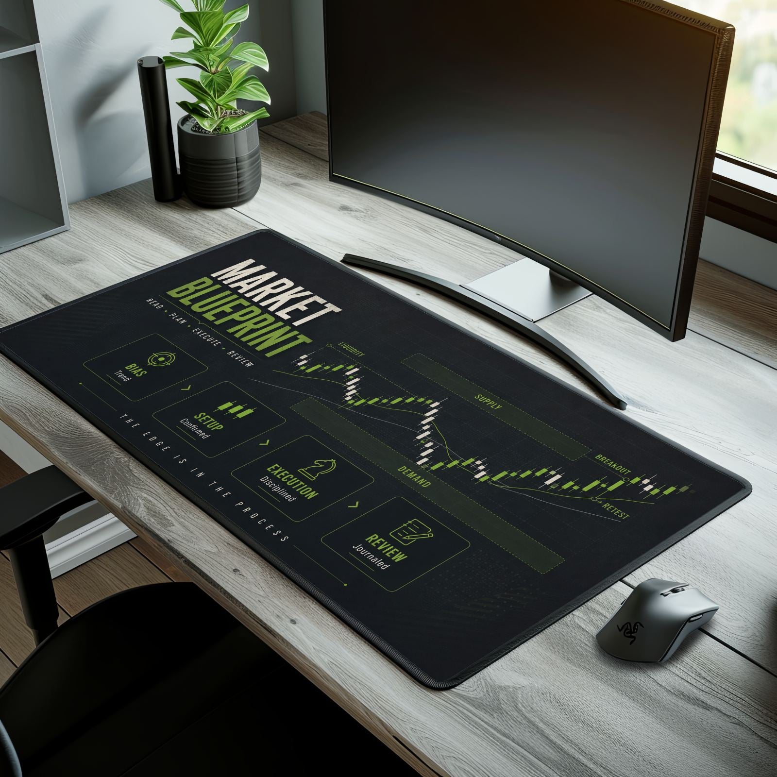 Desk setup with a large mouse pad featuring 'Market Blueprint' design, monitor, and mouse.