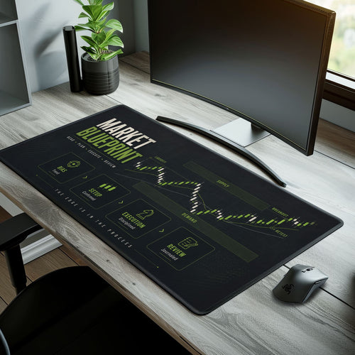 Desk setup with a large mouse pad featuring 'Market Blueprint' design, monitor, and mouse.