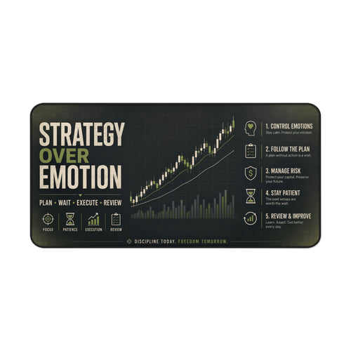 Motivational mat with 'Strategy Over Emotion' text and graph design on a black background