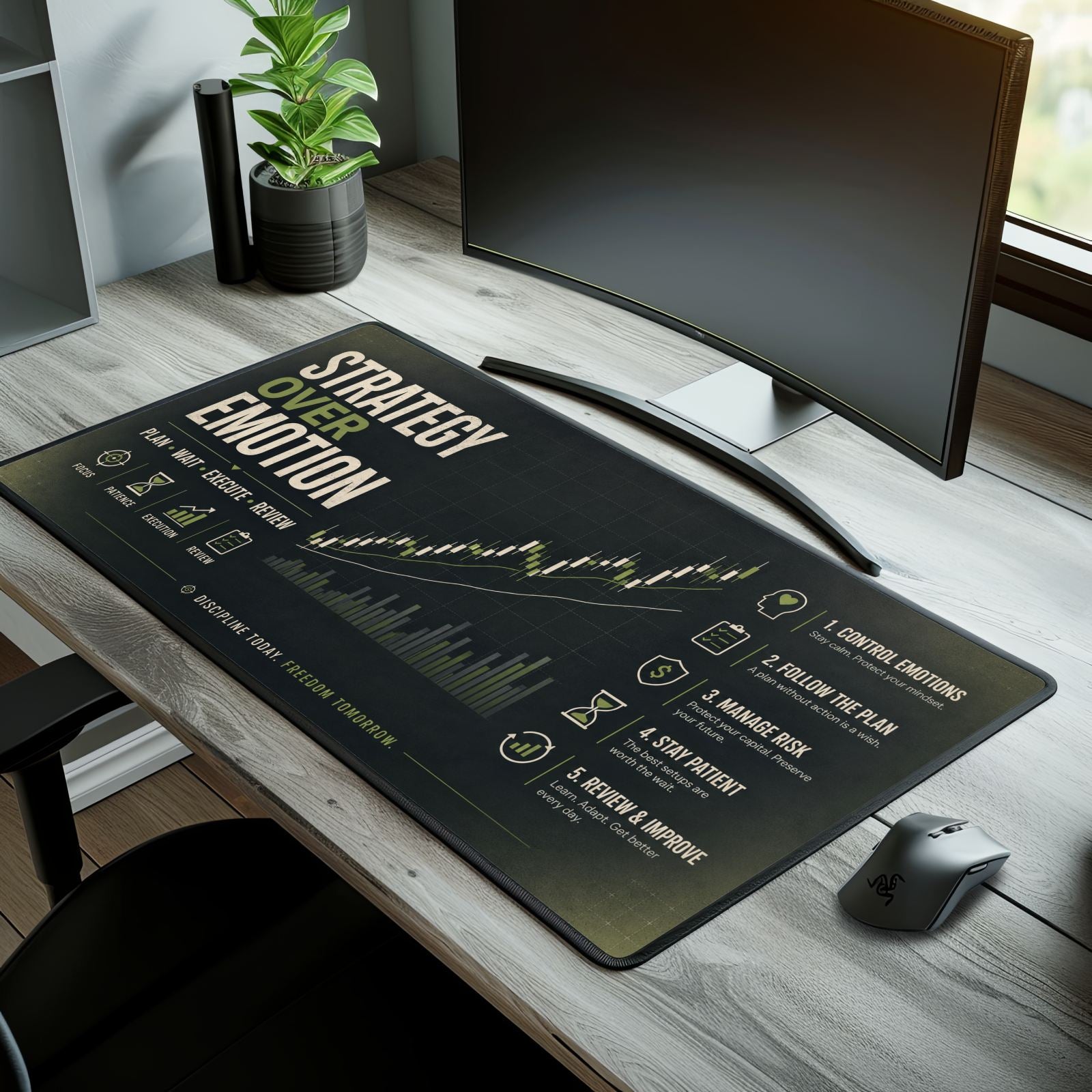 Desk setup with a large mouse pad featuring motivational text and graphics.