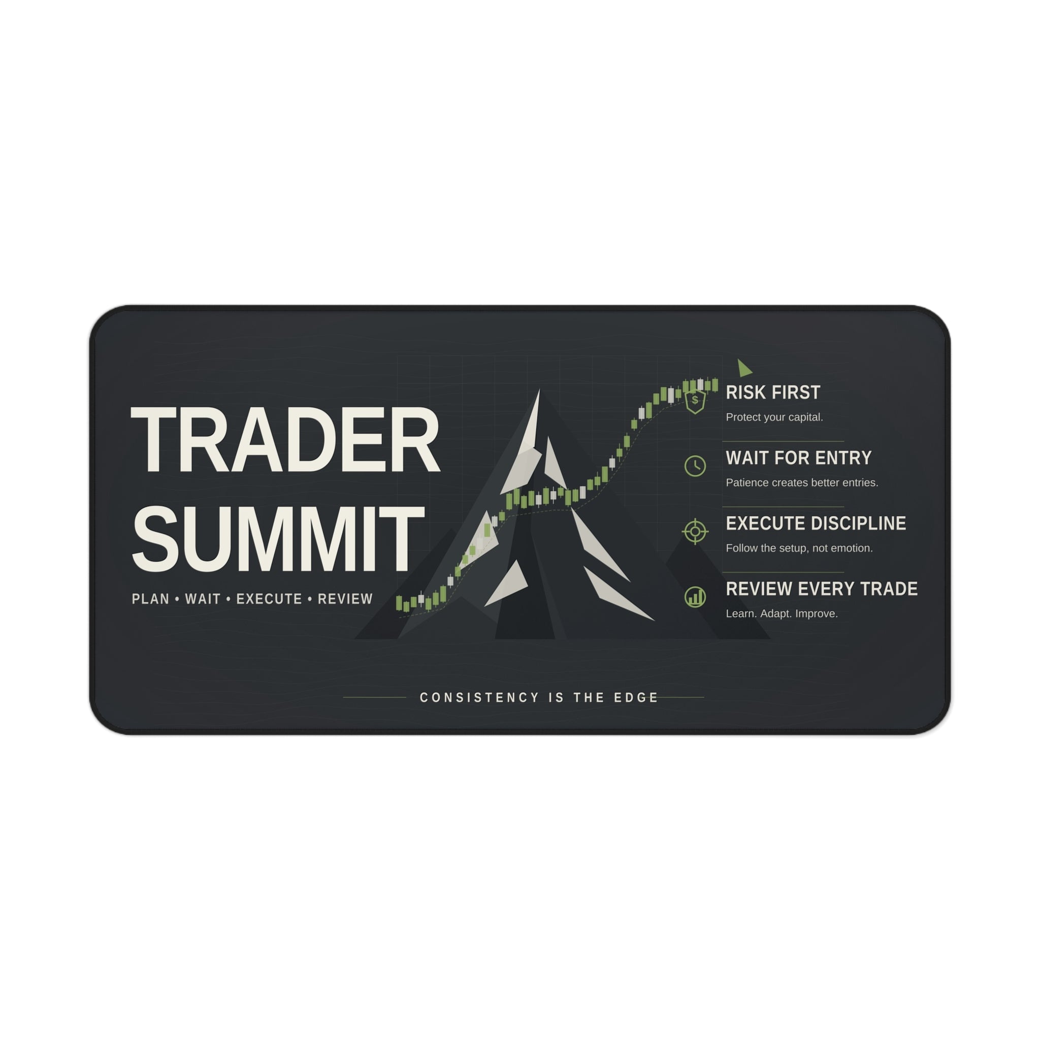 Trader Summit promotional graphic with a stylized mountain and trading principles text on a black background.