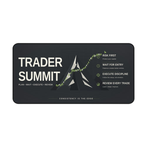 Trader Summit promotional graphic with a stylized mountain and trading principles text on a black background.
