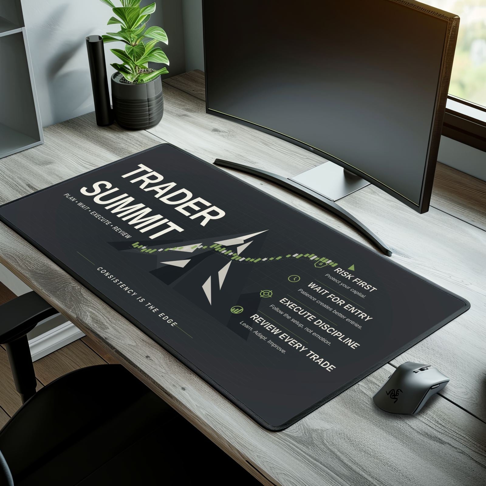 Desk setup with a large mouse pad featuring 'Trader Summit' branding.
