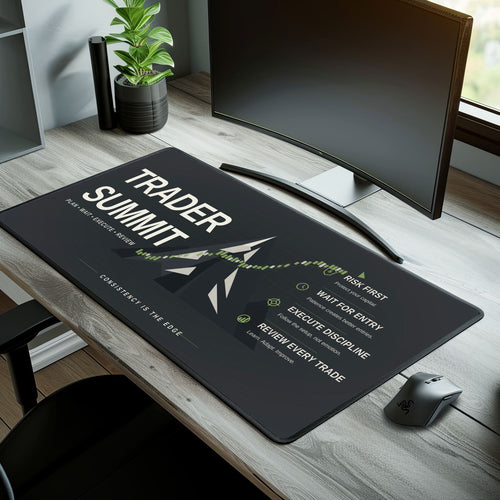 Desk setup with a large mouse pad featuring 'Trader Summit' branding.