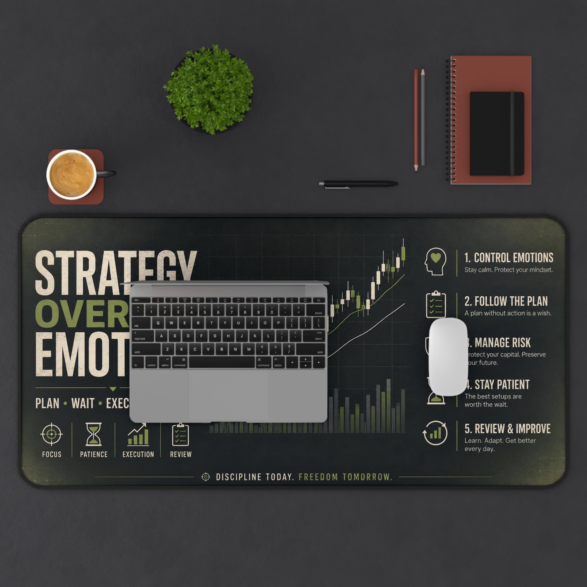 Desk setup with a large desk mat featuring motivational text and graphics, surrounded by office supplies on a dark surface.