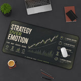 Desk setup with a large mouse pad featuring motivational text and graphics on a dark surface.