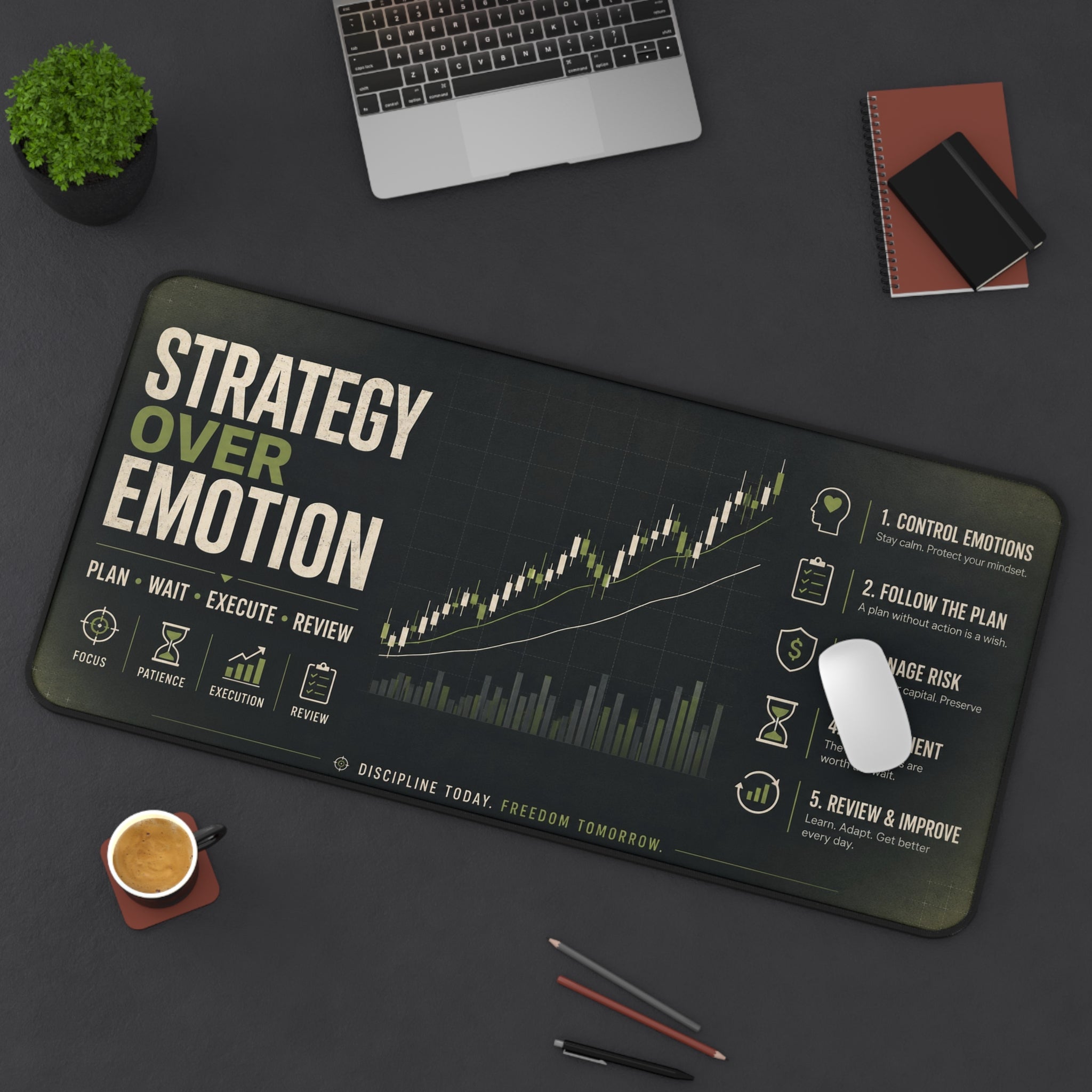 Desk setup with a large mouse pad featuring motivational text and graphics on a dark surface.