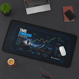 Desk setup with a large mouse pad featuring a digital interface design, laptop, coffee cup, and office supplies.